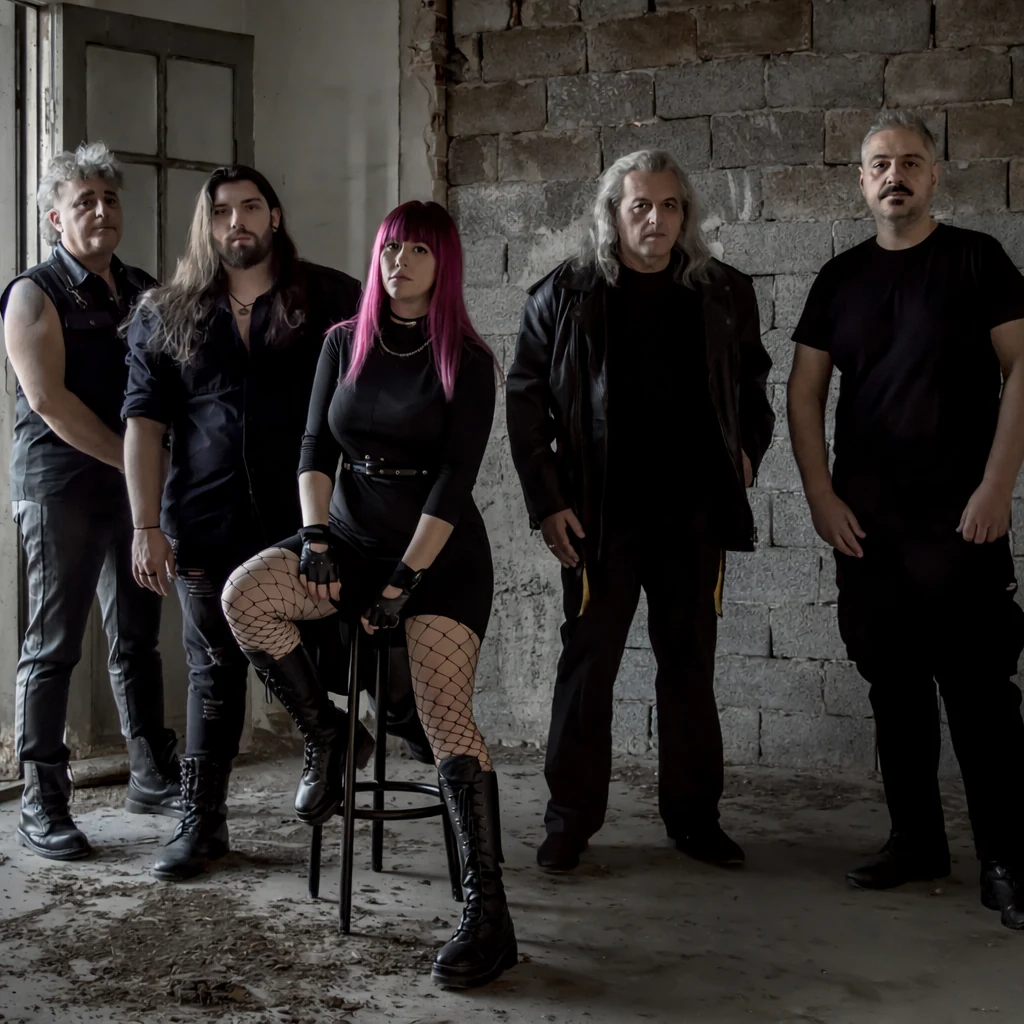 The five members of Entropy Devine in a stone-walled room
