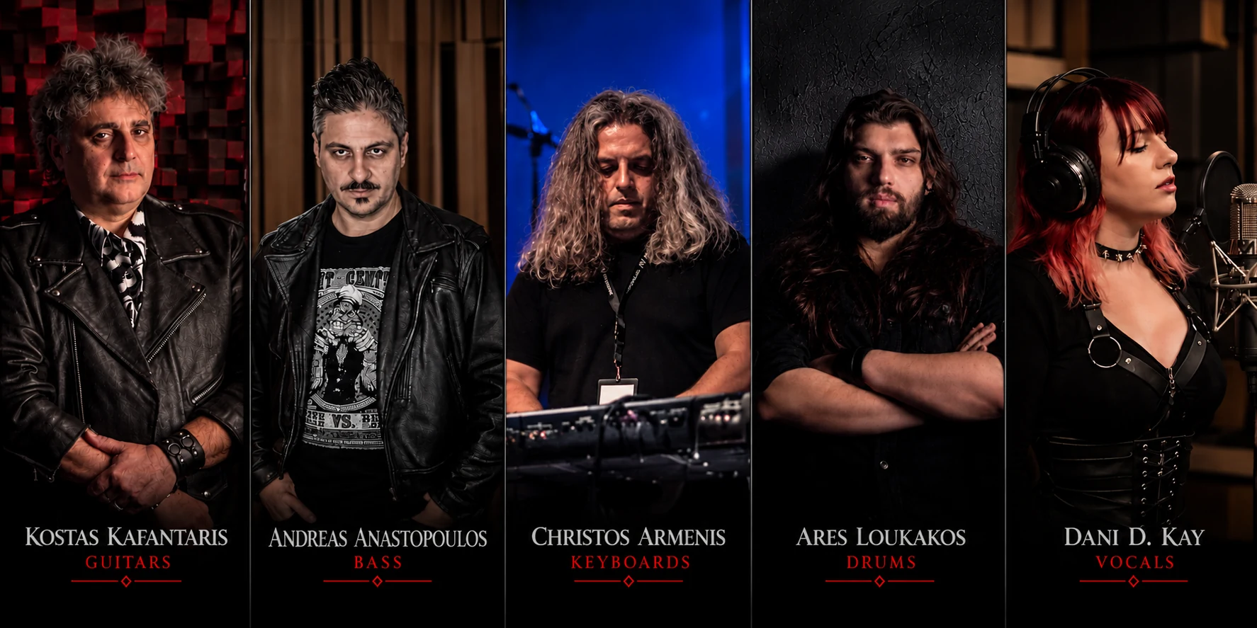Entropy Devine current line-up, left to right: Kostas Kafantaris, guitars; Andreas Anastopoulos, bass; Christos Armenis, keyboards; Ares Loukakos, drums; Dani D. Kay, vocals